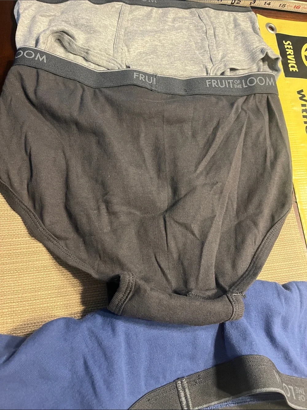 Bundle this .73.. Fruit of the Loom Men's Briefs 3-Pack - Blue, Black, Gray l